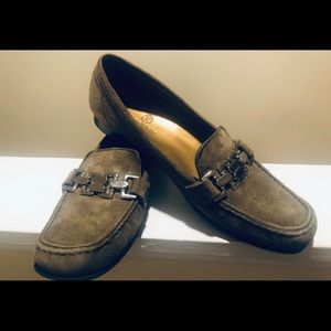 Cole Haan Ladies Green Suede Loafers/Silver Buckle